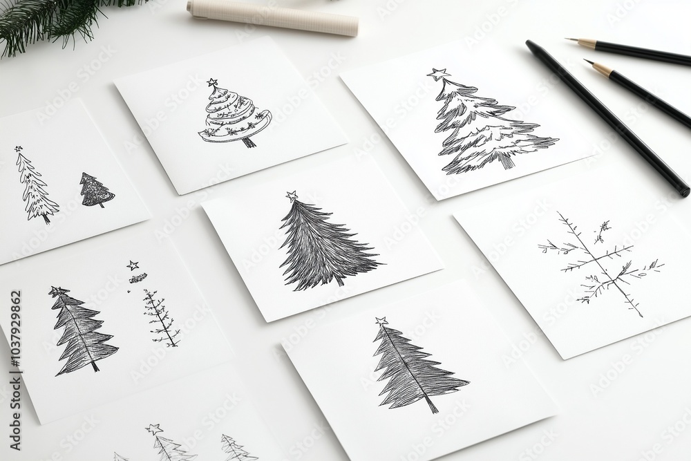 クリスマスツリーの手描きカードと季節の装飾品 クリスマスツリーの手描きカードと季節の装飾品