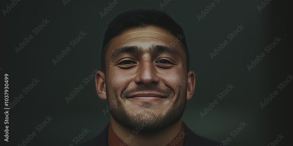 Obraz premium Confident Young Man Smiling in Professional Attire Against a Dark Background
