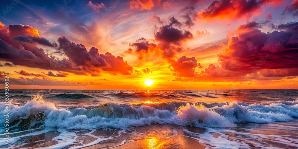Golden Hour Embrace A Dramatic Sunset Over the Ocean with Dramatic Waves and a Blazing Sky Golden Hour Embrace A Dramatic Sunset Over the Ocean with Dramatic Waves and a Blazing Sky