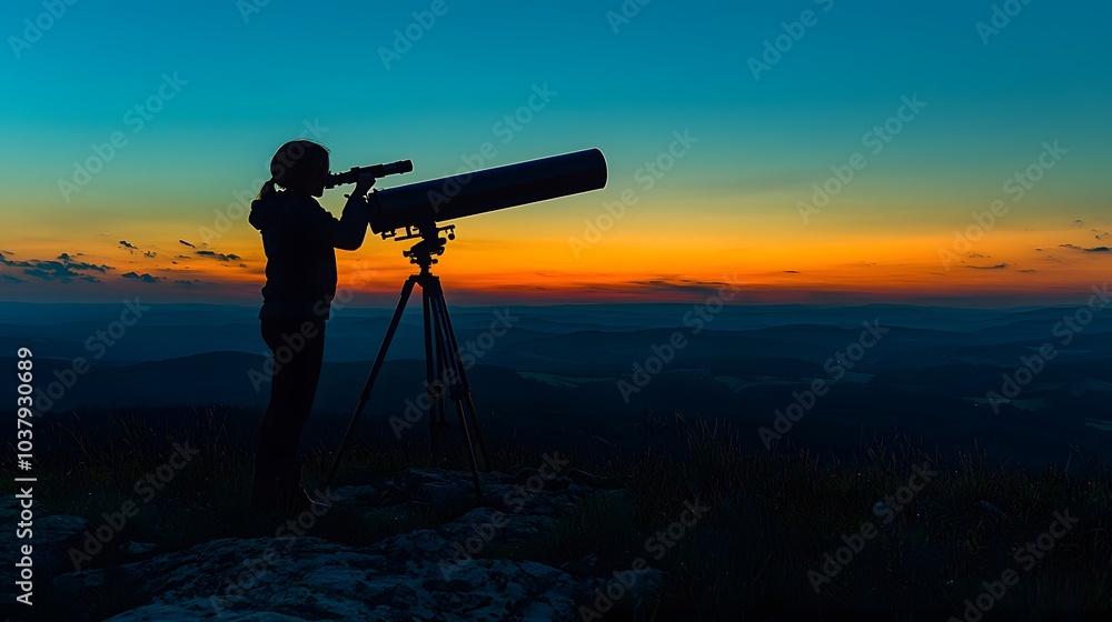 Silhouette of a Person Using a Telescope at Sunset