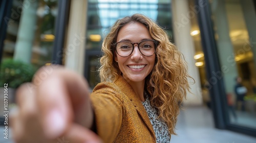 Fototapeta Naklejka Na Ścianę i Meble -  Happy Mid-Aged Business Woman Manager Making Deals and Hiring Recruits Outdoors | Fish Eye Shot Low-Angle View Photography