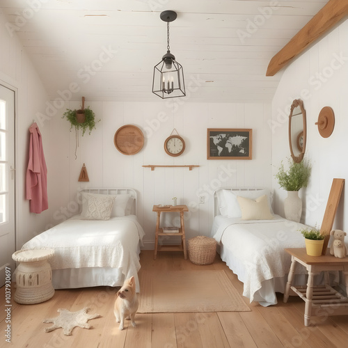 Una elegante y simple habitación rústica en tonos ocres y blancos
