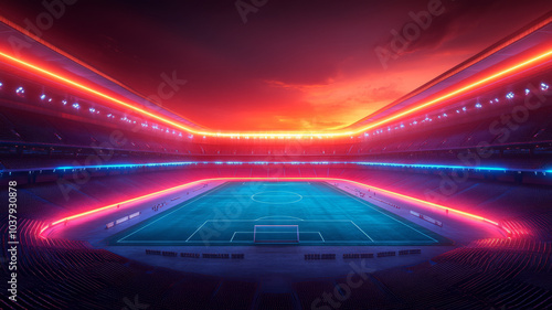 minimal, neon vector illustration of football stadium championship in Qatar.