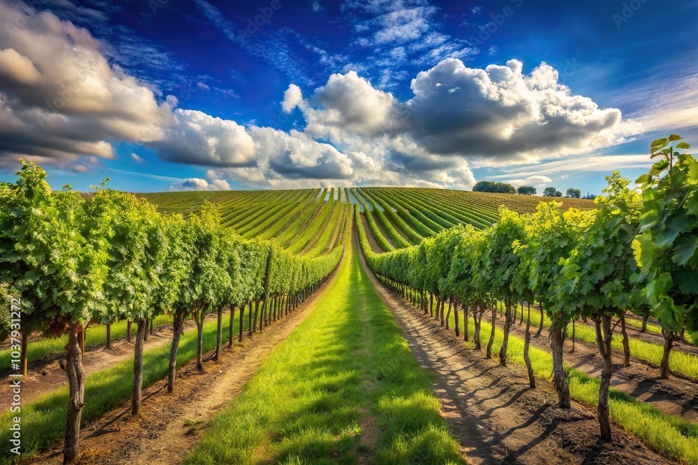 Vines in a row in vineyard with blue sky and clouds landscape macro Vines in a row in vineyard with blue sky and clouds landscape macro