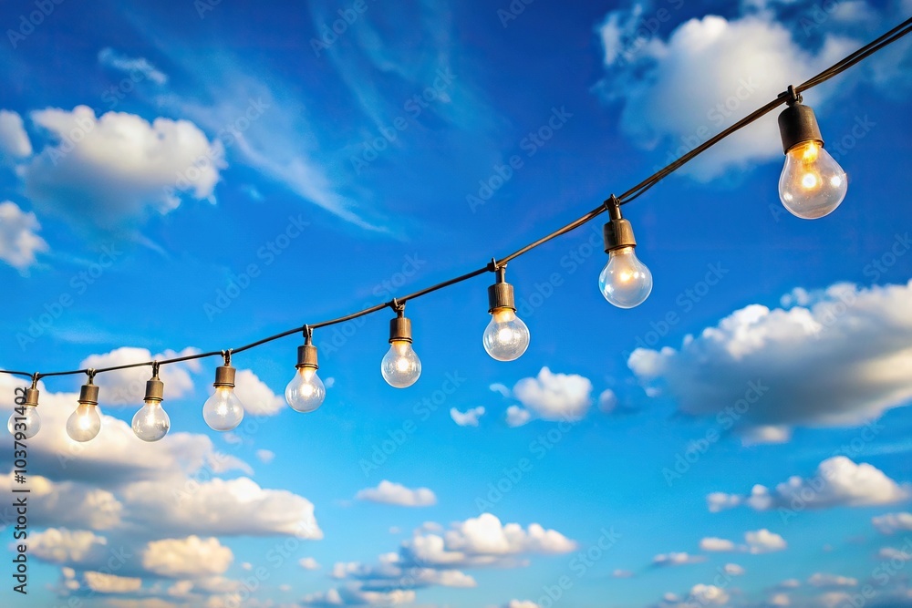 Wide-angle light bulb garland hanging against blue sky background Wide-angle light bulb garland hanging against blue sky background