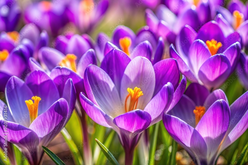 Sunlit purple crocuses in full bloom close-up Sunlit purple crocuses in full bloom close-up