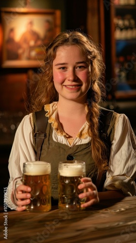 A woman smiles as she holds two mugs of beer. AI.