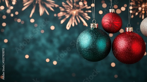 Colorful Christmas ornaments hanging against a festive background with sparkles.