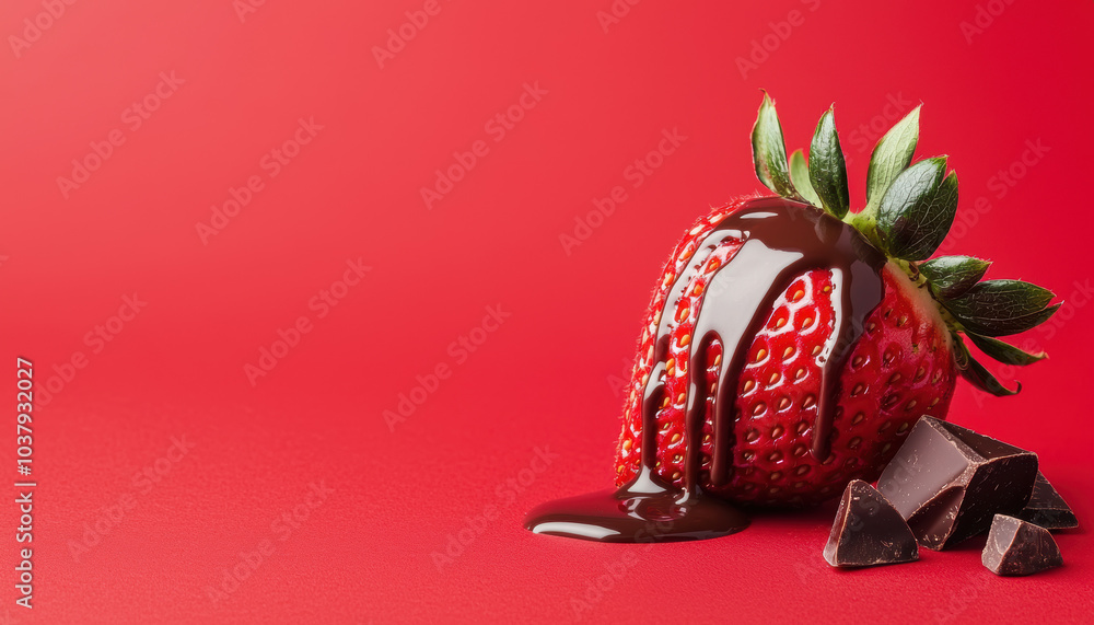 A luscious strawberry dripped in rich chocolate, set against a vibrant red background, creating a mouthwatering visual treat. A luscious strawberry dripped in rich chocolate, set against a vibrant red background, creating a mouthwatering visual treat.