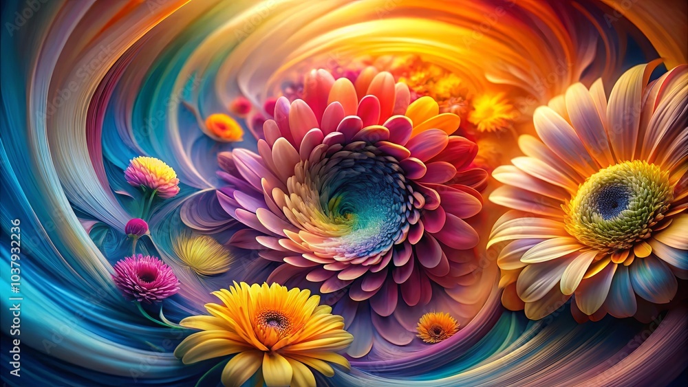 A symphony of colors unfolds in this vibrant, abstract arrangement of blossoms, each petal a brushstroke of light and shadow, creating a mesmerizing visual tapestry. A symphony of colors unfolds in this vibrant, abstract arrangement of blossoms, each petal a brushstroke of light and shadow, creating a mesmerizing visual tapestry.