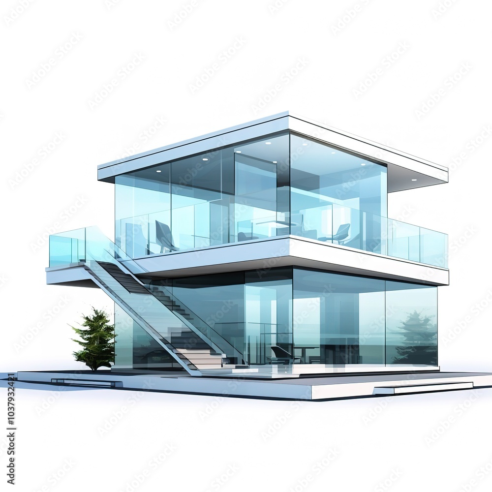 A modern glass house, floor-to-ceiling windows, sleek design, isolated on white background A modern glass house, floor-to-ceiling windows, sleek design, isolated on white background