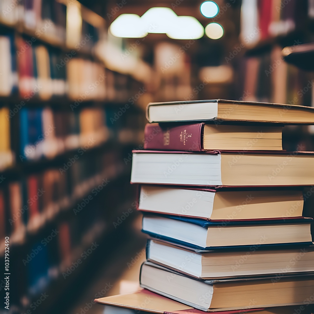 Stack of Books in a Quiet Library,A tall stack of hardcover books sits on a wooden table in a dimly lit library. The blurred background of shelves filled with colorful books adds a sense of depth Stack of Books in a Quiet Library,A tall stack of hardcover books sits on a wooden table in a dimly lit library. The blurred background of shelves filled with colorful books adds a sense of depth