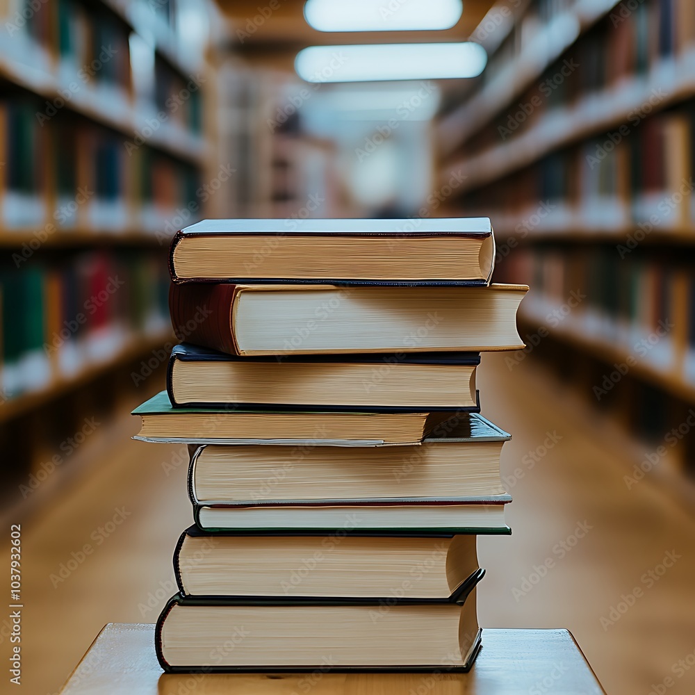 Stack of Books in a Quiet Library,A tall stack of hardcover books sits on a wooden table in a dimly lit library. The blurred background of shelves filled with colorful books adds a sense of depth Stack of Books in a Quiet Library,A tall stack of hardcover books sits on a wooden table in a dimly lit library. The blurred background of shelves filled with colorful books adds a sense of depth