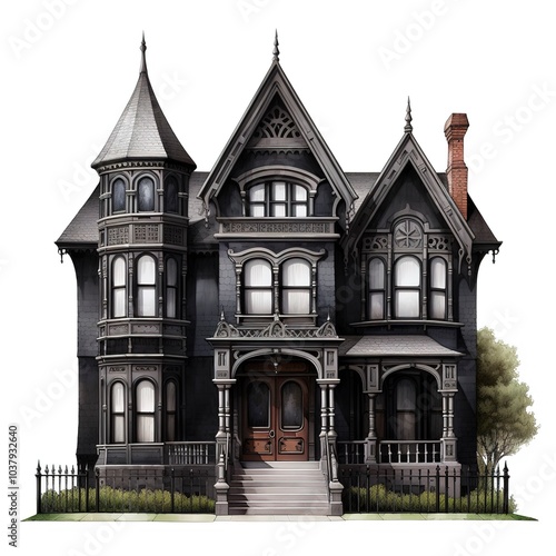 A Gothic revival house, dark exterior, pointed arches, dramatic design, isolated on white background 