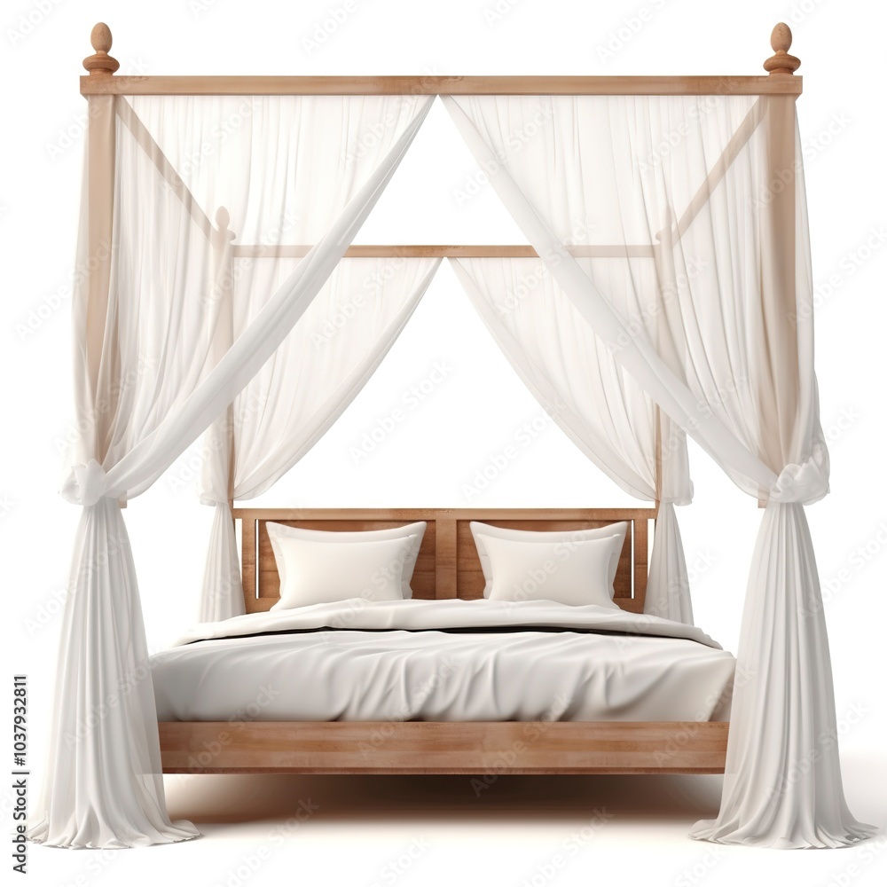 A canopy bed, white sheer curtains, romantic style, elegant wooden frame, isolated on white background A canopy bed, white sheer curtains, romantic style, elegant wooden frame, isolated on white background