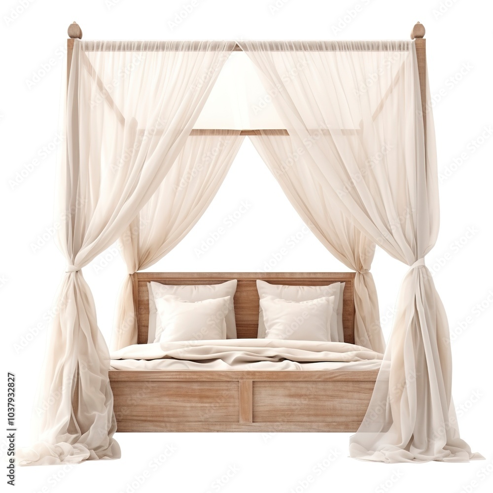 A canopy bed, white sheer curtains, romantic style, elegant wooden frame, isolated on white background A canopy bed, white sheer curtains, romantic style, elegant wooden frame, isolated on white background