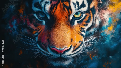 ** Vibrant Artistic Portrait of a Majestic Tiger with Intense Gaze and Colorful Abstract Background in Digital Art Style..**