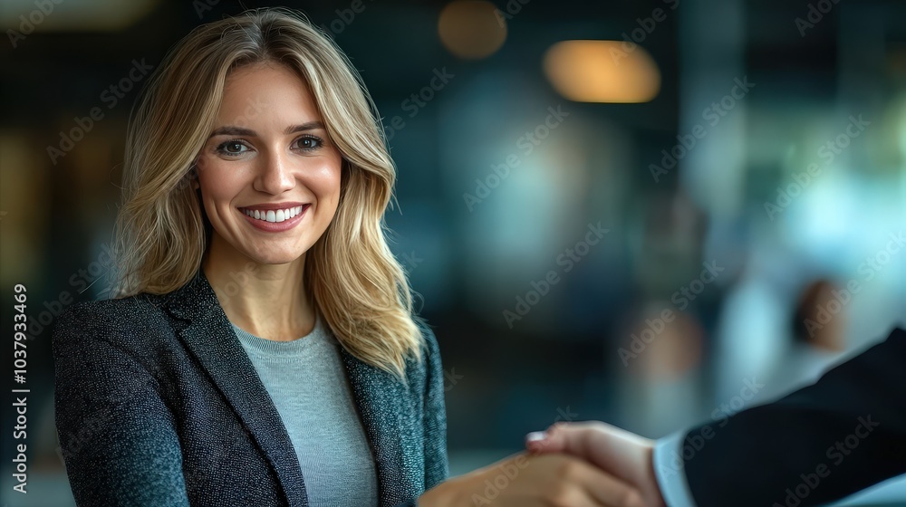 Fototapeta premium Successful Mid-Aged Businesswoman Manager Greeting Client in Office