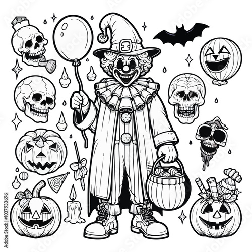 Horror clown cartoon scary circus monster face. Vector Halloween holiday character, evil clown or joker