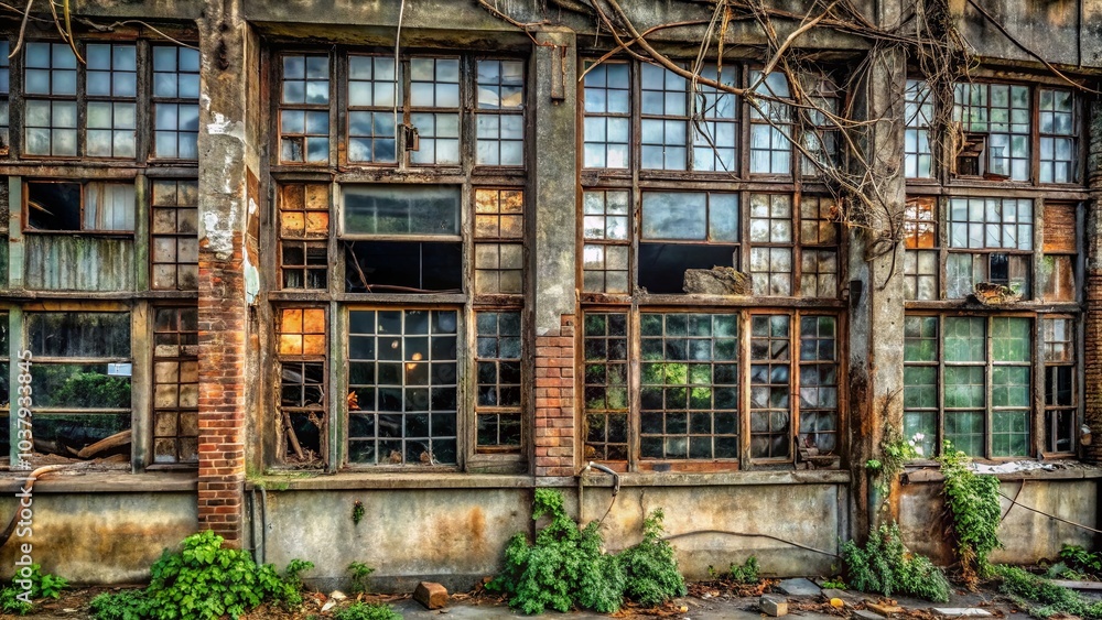 A Wall of Windows, Timeworn and Weathered, Speaks of a Past Era of Industry, Now Silent and Empty A Wall of Windows, Timeworn and Weathered, Speaks of a Past Era of Industry, Now Silent and Empty