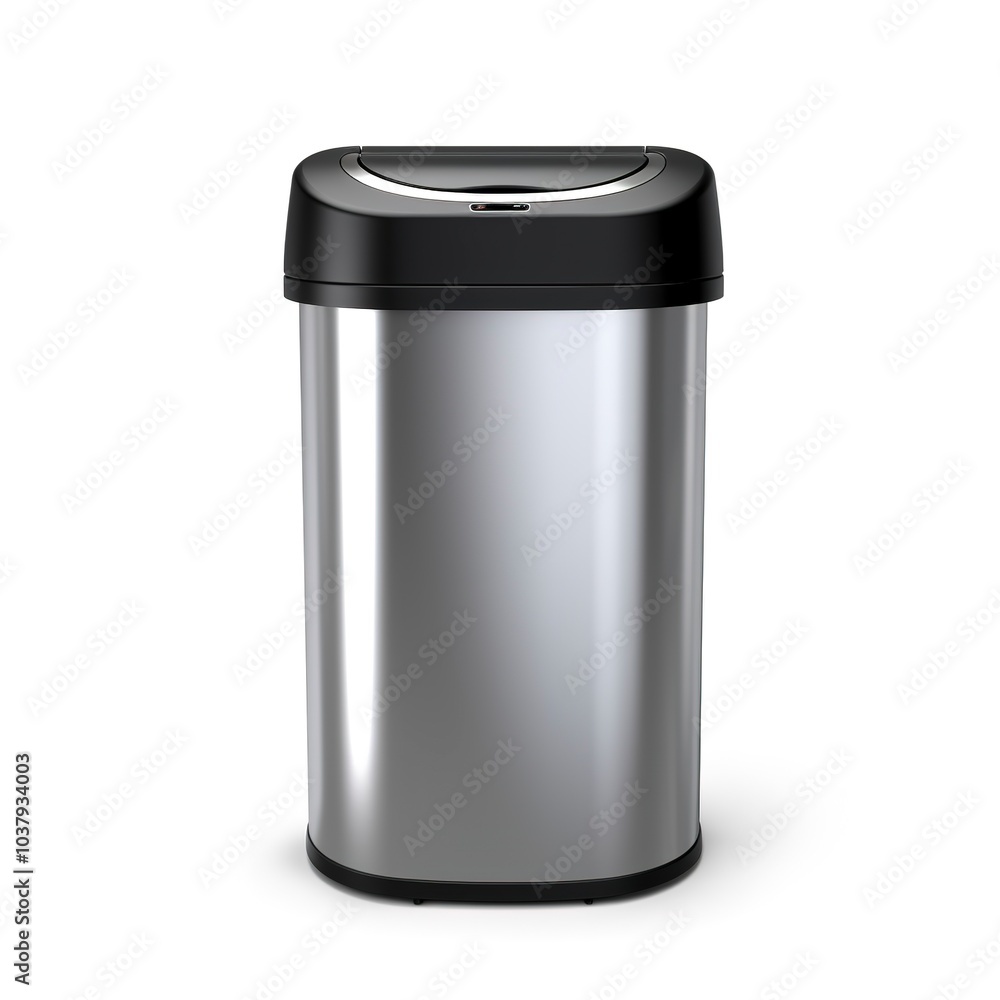 A smart rubbish bin with motion sensor, modern tech design, black and silver, isolated on white background A smart rubbish bin with motion sensor, modern tech design, black and silver, isolated on white background