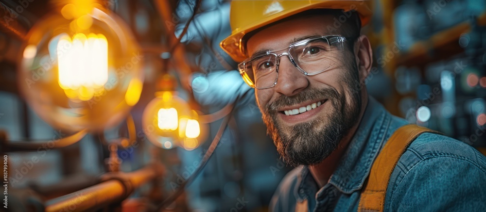 A smiling worker with a beard, wearing a yellow hard hat and safety glasses, looks directly at the camera. A smiling worker with a beard, wearing a yellow hard hat and safety glasses, looks directly at the camera.