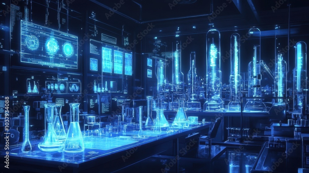 Obraz premium A modern anime-style science lab with digital screens, test tubes, and glowing equipment for groundbreaking experiments