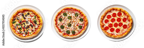 Set of a pizza on plates, isolated on a transparent background.