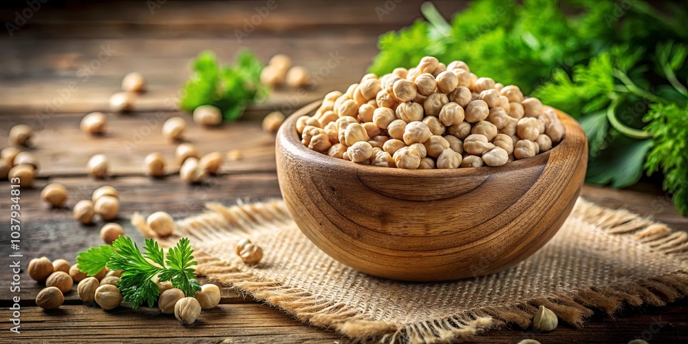 A wooden bowl filled with chickpeas rests on a woven surface, surrounded by scattered chickpeas and sprigs of fresh greenery, creating a rustic and inviting scene. A wooden bowl filled with chickpeas rests on a woven surface, surrounded by scattered chickpeas and sprigs of fresh greenery, creating a rustic and inviting scene.