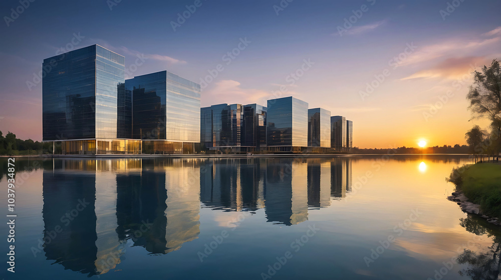 Modern buildings with sunset in front of the lake Modern buildings with sunset in front of the lake