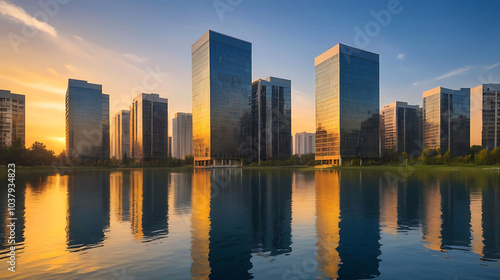 Stunning views of modern buildings reflected in the water with the sunset