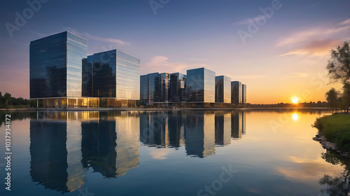 Modern buildings with sunset in front of the lake