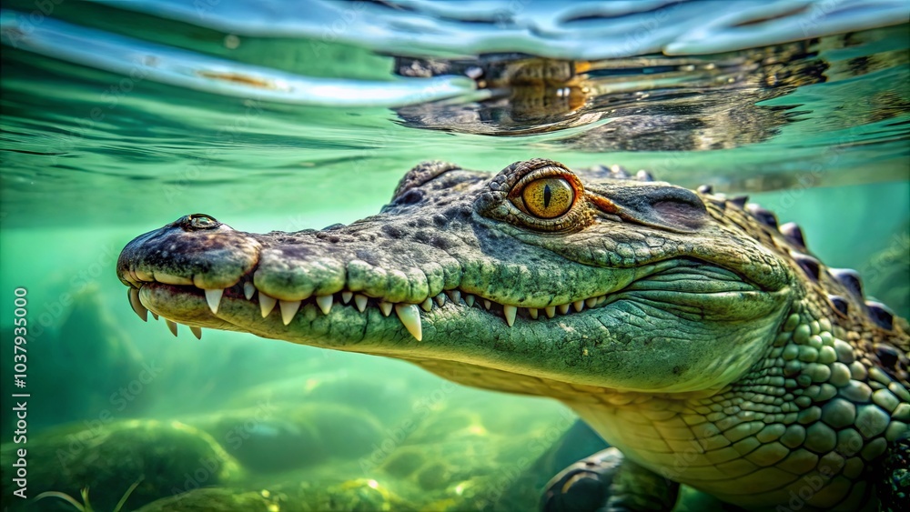 Fototapeta premium A Close-Up View of a Crocodile Lurking Beneath the Surface of the Water, Its Yellow Eye Glimmering with a Primal Intensity, Its Teeth Gleaming White Against the Green Background