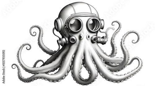 Illustration of Octopus in diving helmet on white background