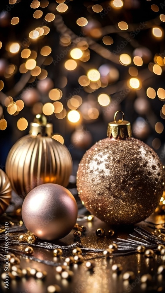 Christmas background with festive gold decoration on glamour black backdrop with golden sparkling glitter bokeh. Merry Christmas Happy New Year greeting card, seasonal winter holiday luxury collection Christmas background with festive gold decoration on glamour black backdrop with golden sparkling glitter bokeh. Merry Christmas Happy New Year greeting card, seasonal winter holiday luxury collection