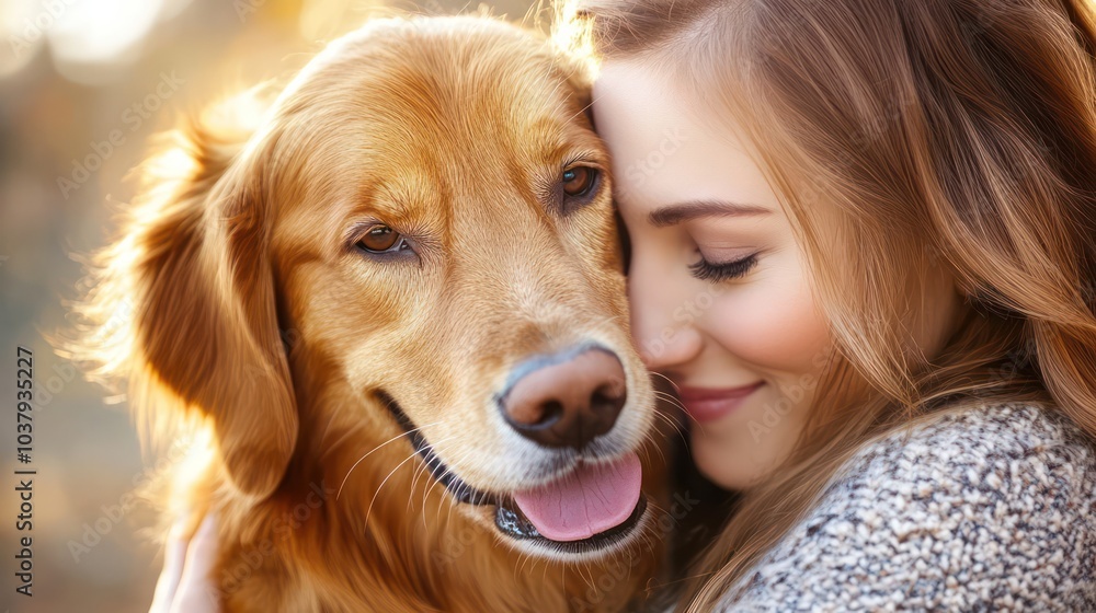A woman is hugging a dog with a pink tongue A woman is hugging a dog with a pink tongue