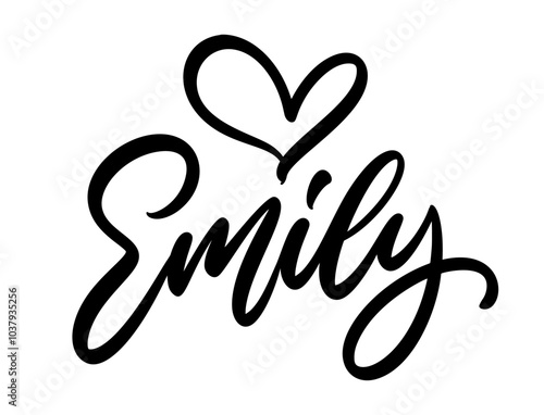 Hand drawn lettering of the name Emily adorned with a charming calligraphic heart. Perfect for personalized gifts, wedding decor, or nursery art.