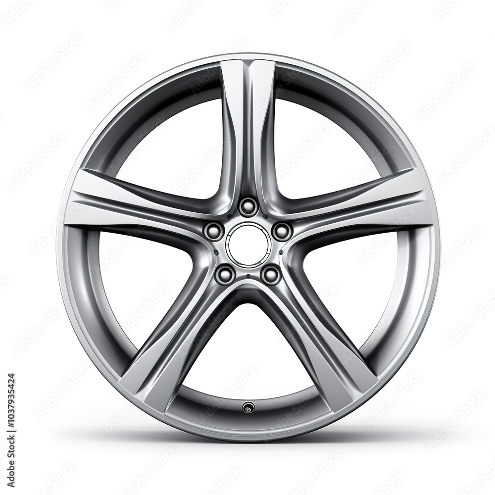 Obraz premium A modern car alloy wheel, sleek silver design, five spokes, isolated on white background