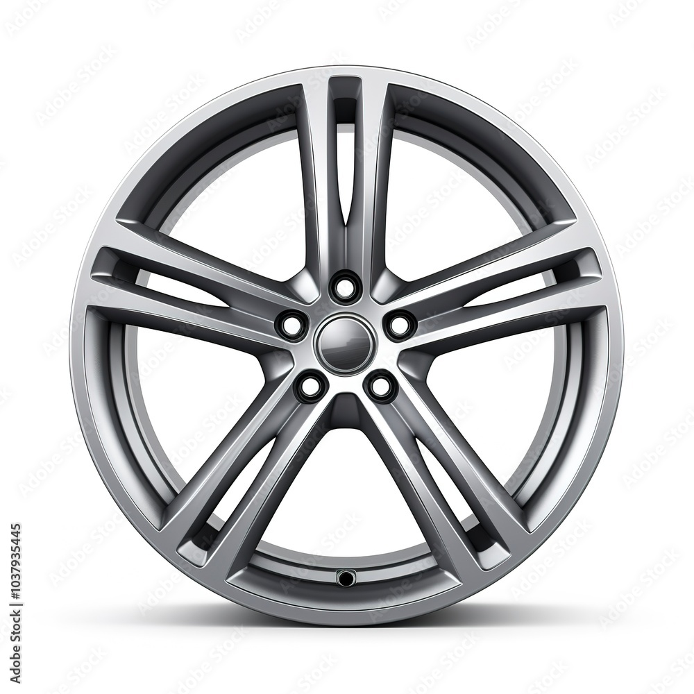 A modern car alloy wheel, sleek silver design, five spokes, isolated on white background A modern car alloy wheel, sleek silver design, five spokes, isolated on white background