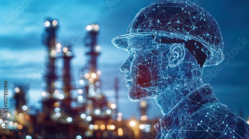 A man in a hard hat stands in front of a large industrial plant