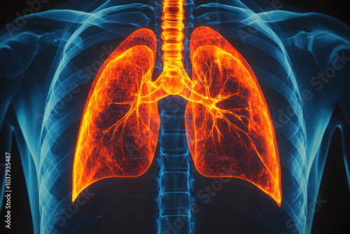 3D image of lungs, showing detailed internal structure with bronchial tubes and alveoli highlighted in vibrant colors, against a black background. photo