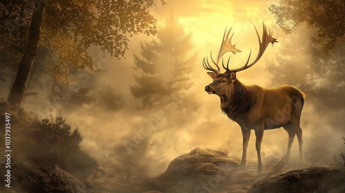 Majestic deer stands on a misty forest hill at sunset.