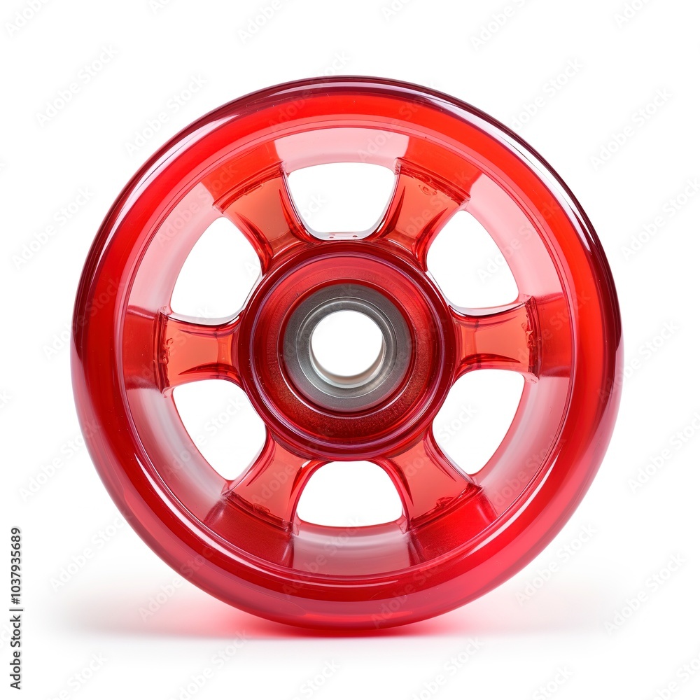 Fototapeta premium A skateboard wheel, translucent red plastic, modern design, isolated on white background 