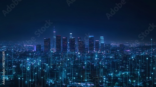 Network and connection technology concept with Downtown Los Angeles at night. 