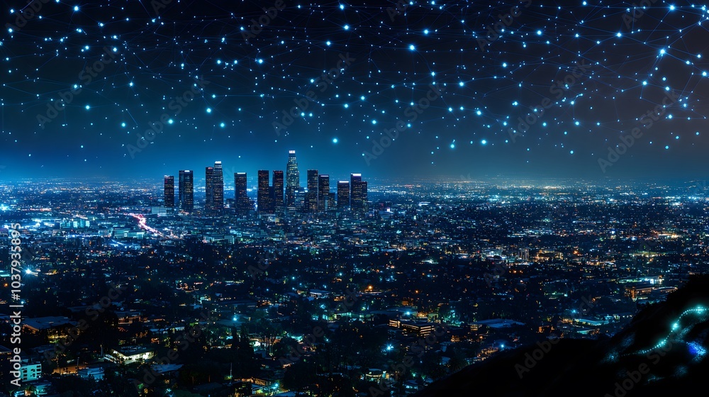 Fototapeta premium Network and connection technology concept with Downtown Los Angeles at night. 