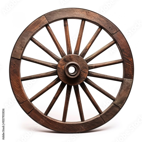 A broken wagon wheel, wooden with missing spokes, vintage look, isolated on white background 