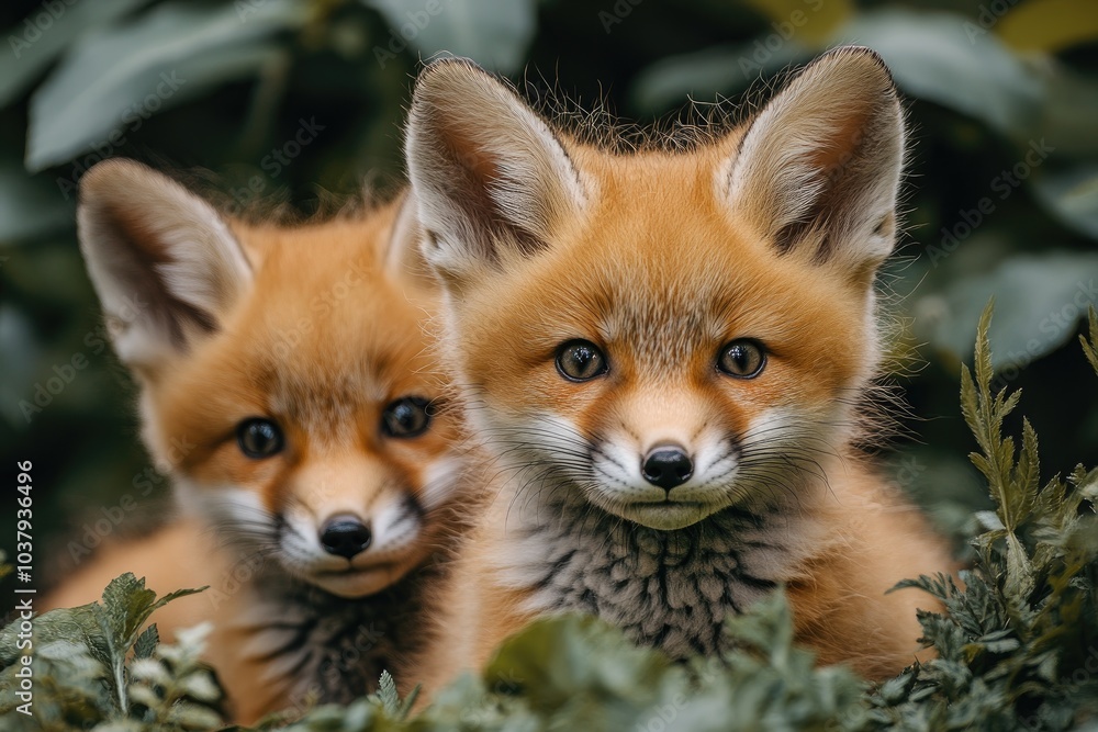 Fototapeta premium Two red fox cubs looking out from green bushes
