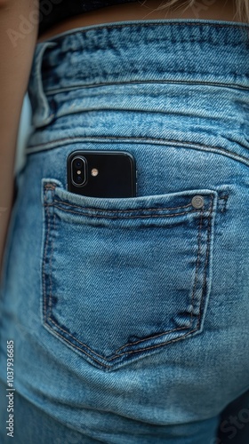 Woman wearing blue jeans with smartphone in back pocket