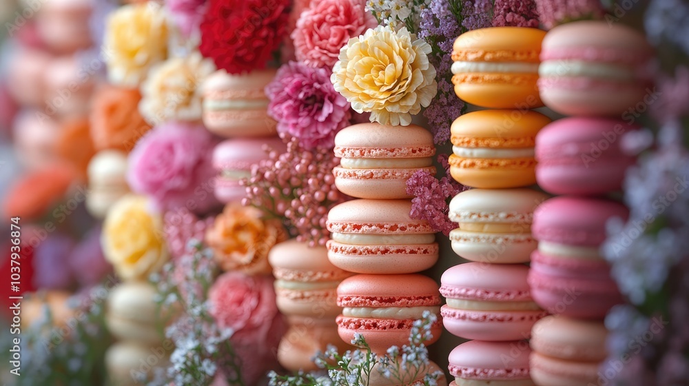 Colorful french macarons pattern with gerbera flowers on pink background Colorful french macarons pattern with gerbera flowers on pink background