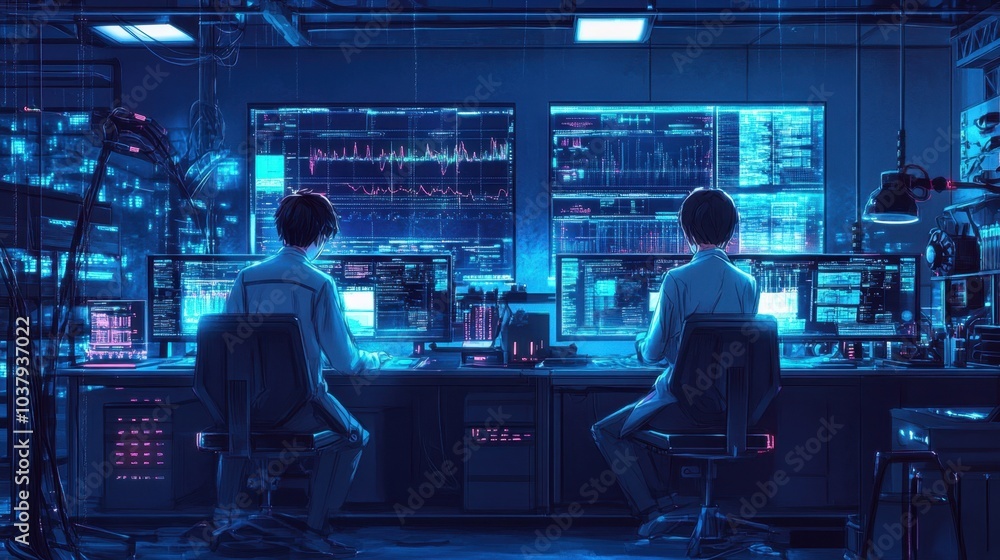 Anime laboratory setting with futuristic technology, bright glowing elements, and scientists surrounded by data screens Anime laboratory setting with futuristic technology, bright glowing elements, and scientists surrounded by data screens